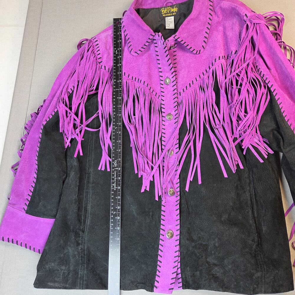 Bob Mackie Wearable Art 2X Leather Fringe Western Jacket Purple Black - Picture 14 of 16